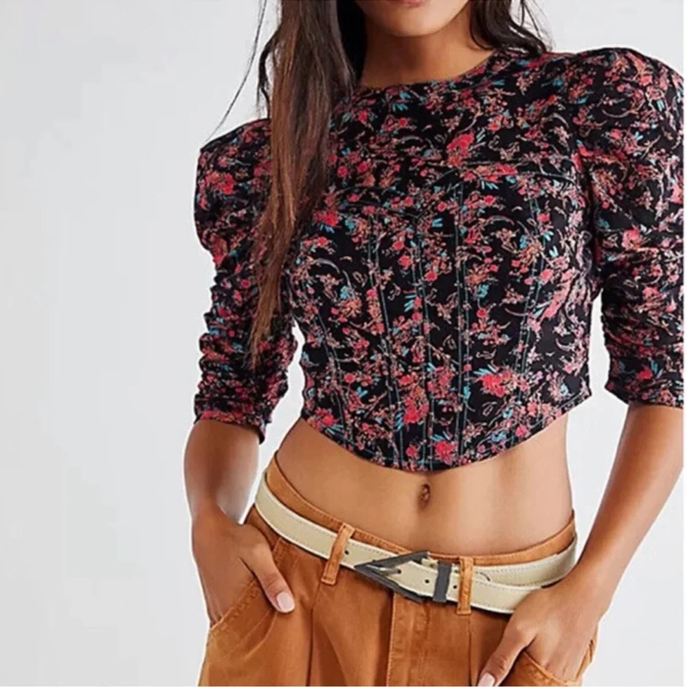 NWT Free People Monica Cotton Floral Print Corset-Inspired Crop Top XS